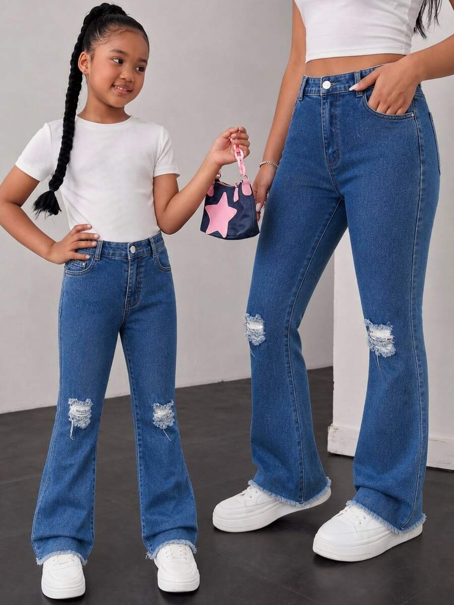 TWEEN GIRLS Tween GirlsDenim Jeans, Vintage Washed Color, Street Style Fashion, Distressed Ripped Hem, Flared Leg, Versatile Fashion New Style - Dark Wash - View 1