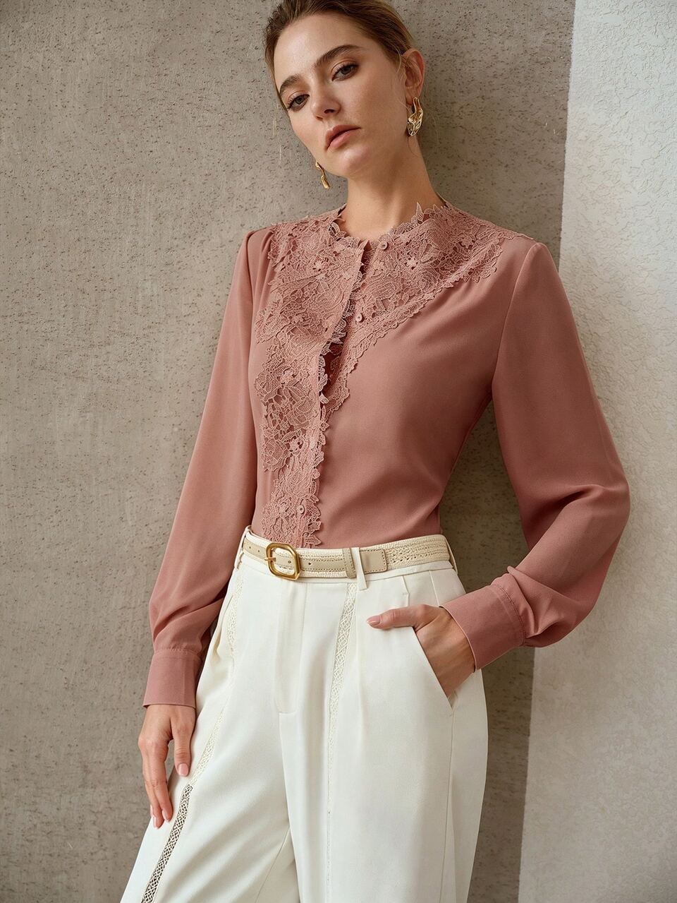 MOTF Blusa elegante de mujer con manga larga y ribete de encaje