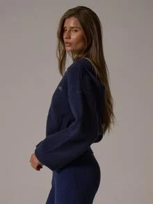 Musera Sport Logo Embroidered Zip Through Knitted Hooded Cropped Oversized Coord Sweatshirt Winter Fall Autumn Active Pilates Motion - Navy Blue - View 4