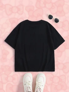 HELLO KITTY AND FRIENDS | SHEIN تي شيرت كاجوال يومي بأكمام قصيرة بطبعة حروف كرتونية للبنات المراهقات - الأسود - مشاهدة 2