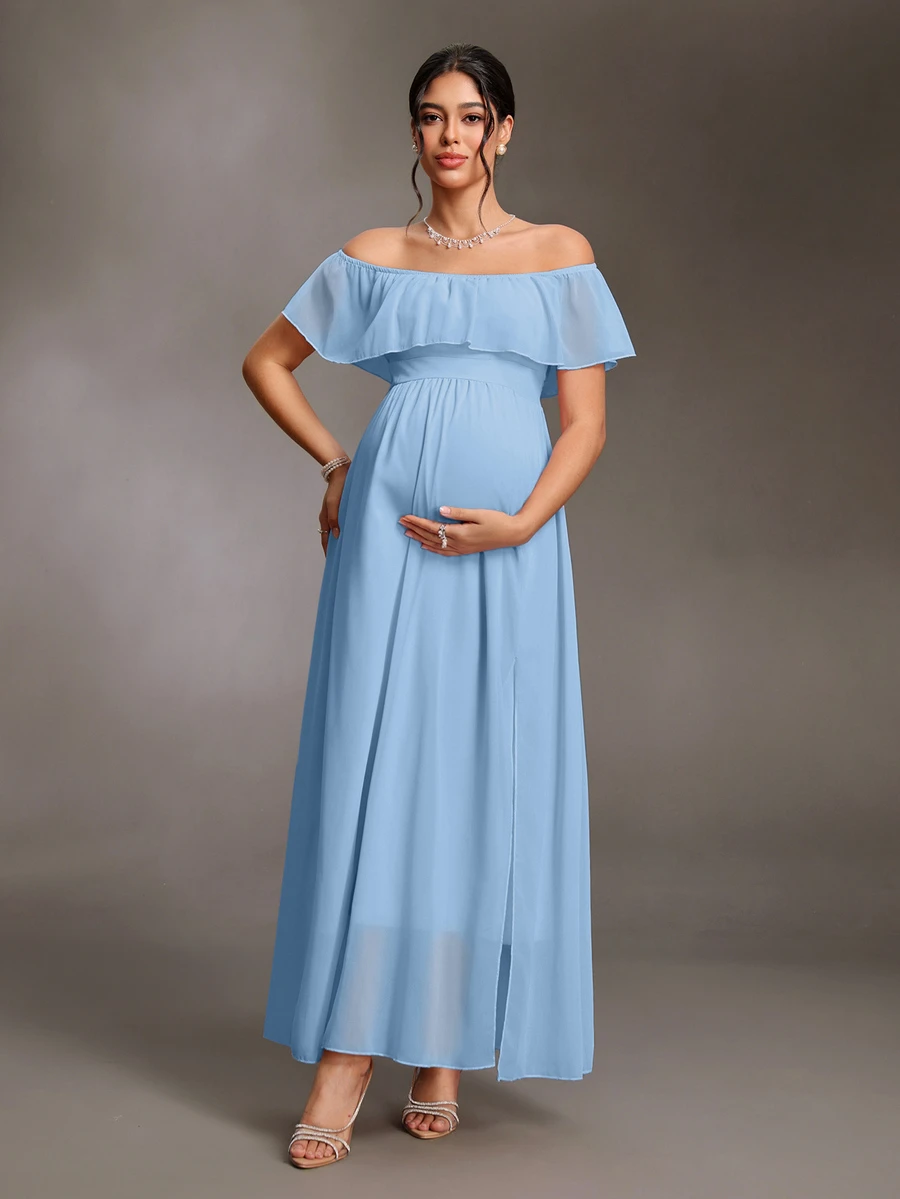 Cheriluna Maternity 優雅露肩荷葉袖側開衩 A 字版型雪紡孕婦洋裝 - 淺藍色 - 查看 1