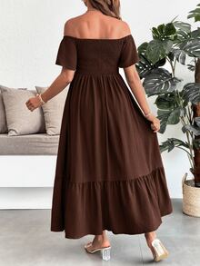 SHEIN 孕婦夏季休閒純色露肩高開衩洋裝 - 咖啡 - 查看 2