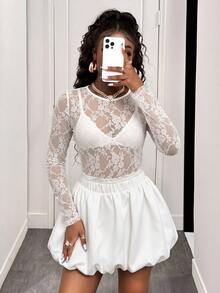 Glyssa Women's French Lace Sheer Top And Pleated Mini Skirt Set - Beige - View 5