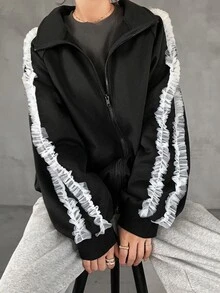 FRIFUL Women's Autumn Contrast Color Frill Trim Regular Jacket - Black - View 1