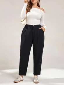 SHEIN CURVE+ Plus Size Women's Casual Daily Wear Denim Jeans With Pockets - Black - View 6