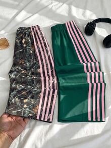 少女對比粉色條紋寬腿運動長褲 美式復古迷彩休閒運動褲 - 彩色 - 查看 2