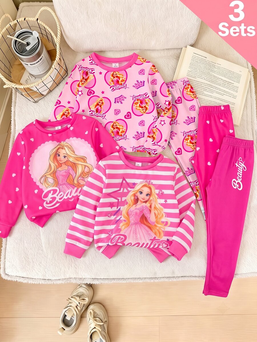 3套女童秋季服裝 卡通角色印花圓領衛衣與內搭褲,可愛秋季套裝 - 彩色 - 查看 1