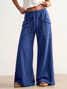 Bohemela Women's Solid Color Wide Leg Casual Vacation Pants - Blue - View 1