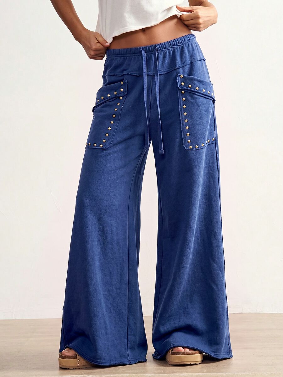 Bohemela Women's Solid Color Wide Leg Casual Vacation Pants - Blue - View 1