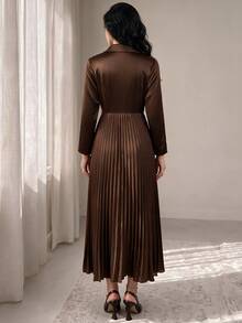 Modelyn Gaun Lipit Kerah Blazer Elegan Warna Polos untuk Wanita - Coffee Brown - View 2