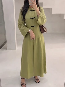 Yasmyna Long Sleeve Elegant Long Button-Front Arabian Dress - Green - View 2
