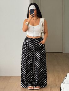 Coolane 大尺碼女款抽繩腰波點圖案口袋寬腿長褲 - 黑色 - 查看 4