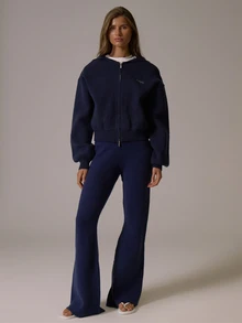 Musera Sport Logo Embroidered Zip Through Knitted Hooded Cropped Oversized Coord Sweatshirt Winter Fall Autumn Active Pilates Motion - Navy Blue - View 2