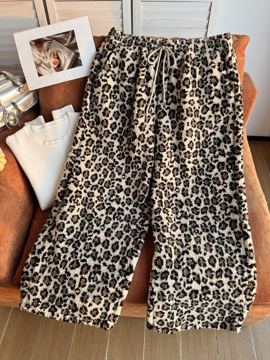 Comfortcana Plus Size Women's Leopard Print Drawstring Waist Wide Leg Loose Sweatpants - Multicolor - View 1