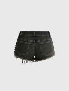 ROMWE Grunge Punk Autumn/Winter Punk Hot Girl Metal Rivet Visual Style Patchwork Print Fur Trim Denim Shorts - Grey - View 2