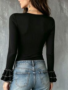 SHEIN Women's Solid Black Stand Collar Half-Button Long Sleeve Fitted Waist Base Layer Top With Multiple White Buttons On Placket And Double-Layer Contrast Color Ruffle Flared Cuffs Elegant Inner Blouse - Black - View 2
