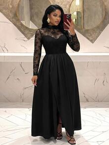 Slaydiva Plus Size Formal Gown, Black Lace Mesh Long Sleeve High Neck Split Satin Maxi Dress - Black - View 5