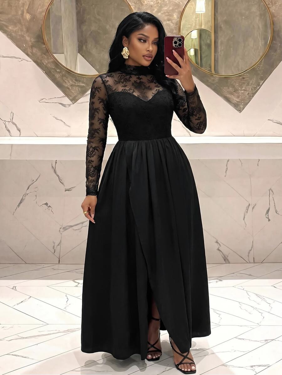 Slaydiva Plus Size Formal Gown, Black Lace Mesh Long Sleeve High Neck Split Satin Maxi Dress Fall