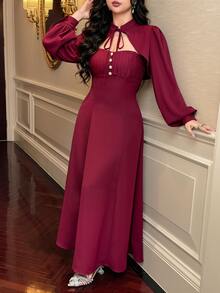 Feyla Women's Elegant Button Strapless Dress With Cropped Tie Long Sleeve Top 2 Pieces Set - Red - View 6