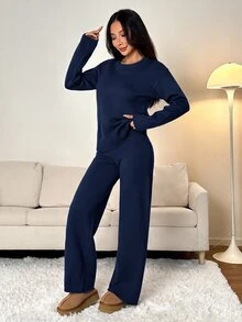 SHEIN PETITE 女款純色圓領長袖毛衣與長褲休閒常規套裝，秋冬款 - 藏蓝色 - 查看 6