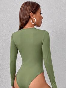 SHEIN PETITE Solid Slim Fit Spring Women Bodysuit - Army Green - View 3