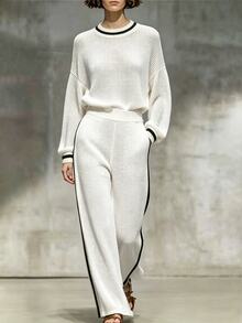 LUMIGAL Women's Striped Colorblock Long Sleeve Sweater And Pocket Pants 2 Pieces Set - White - View 4