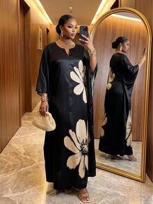SHEIN Lady Plus Size Women's Floral Print Notched V-Neck Batwing Sleeve Elegant Dress Wedding Party Black Autumn Wedding Guest Dress Prom Dresses Halloween Fall - Black - View 3