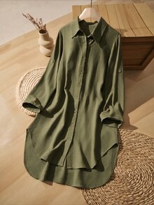 EMERY ROSE Women's Solid Color Single-Breasted Casual Commuter Short Dress - Dark Green - View 1