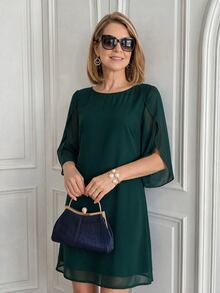EMERY ROSE Elegant Slit Sleeve Design Dress For Middle-Aged And Elderly Women - Dark Green - View 5