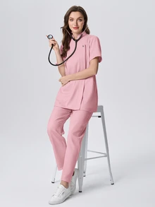 Scrubzie Solid Color Short Sleeve Top And Long Pants Scrub Uniform Set - Pink - View 4