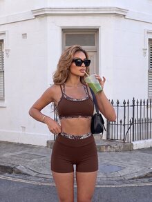 Dewbera Dewbera Autumn/Winter New Multi-Color Leopard Print Patchwork Brushed 2 In 1 Tank Top & Bermuda Shorts Casual Fitness Yoga Sports Two Pieces Set For Women - Multicolor - View 4