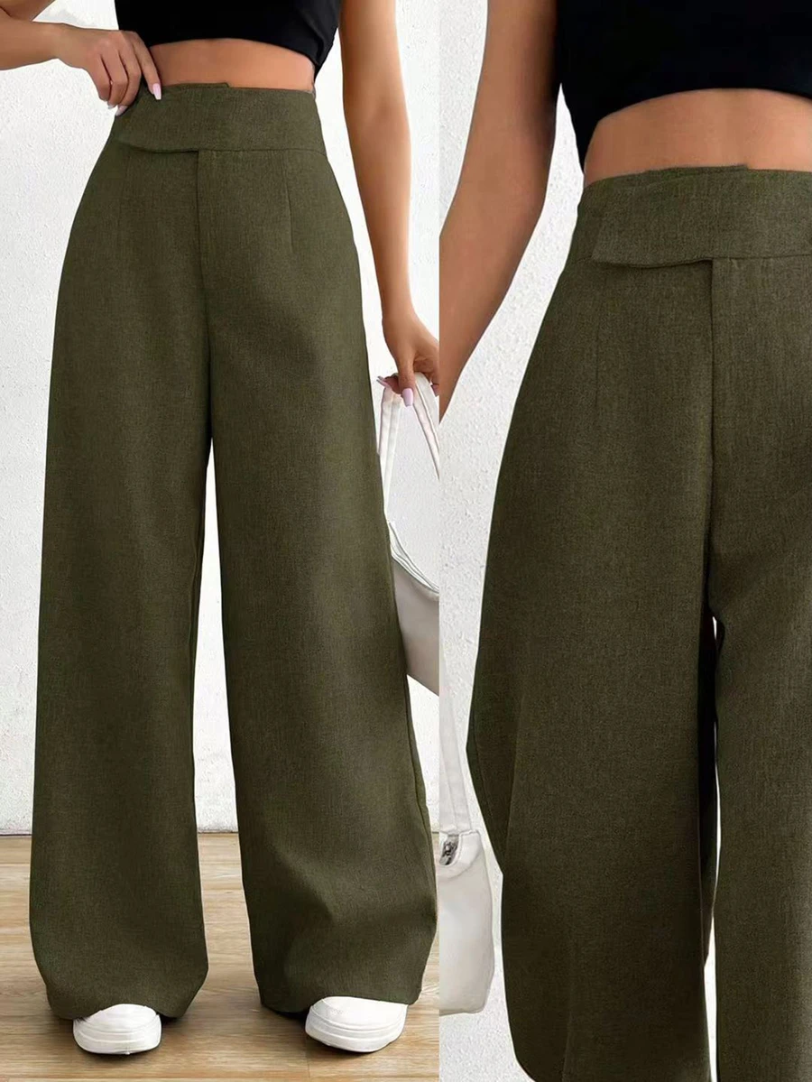 SHEIN Holidaya 女款休閒通勤不對稱腰寬腿長褲 - 軍綠色 - 查看 1