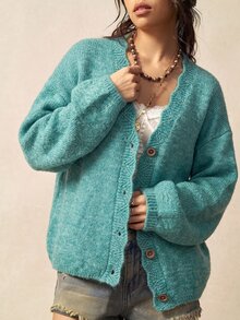 Bohemela 秋冬休閒復古寬鬆針織開襟衫 - 綠色 - 查看 7