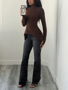 Elenzga Women's Casual Solid Color Stand Collar Asymmetric Hem Sweater, Autumn/Winter - Coffee Brown - View 4