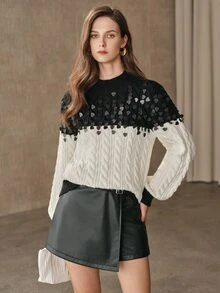 Anewsta French Autumn/Winter High-End Fashion Design Elegant Sophisticated Evening Style Heavy Beaded Sequin Wheat Pattern High Neck Knit Sweater - Black and White - View 2