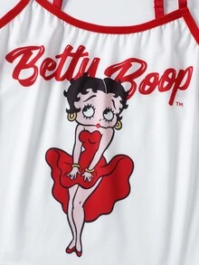 Betty Boop x SHEIN Women's Letter Print Camisole Lingerie Set - Red and White - View 7