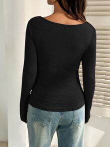 SHEIN Maternity Casual Solid Color Asymmetric Hem T-Shirt For Autumn - Black - View 2