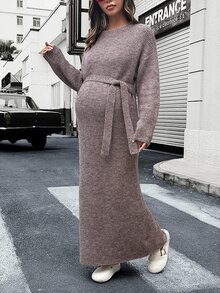 Lyckli Gaun Rajut Elegan untuk Ibu Hamil dengan Leher Bulat, Lengan Panjang, dan Ikat Pinggang. - Khaki - View 2