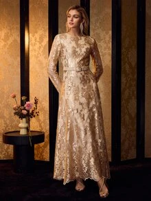 MOTF Tall WOMEN'S TALL GOLD HEAVY EMBROIDERY MESH ELEGANT LONG COCKTAIL DRESS - Gold - View 5