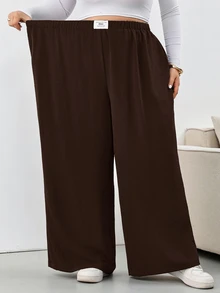 SHEIN CURVE+ 大尺碼格紋長褲，黑白格紋彈性腰帶口袋寬腿褲，2026秋冬 22W - 咖啡棕 - 查看 1