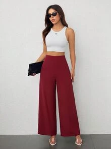 SHEIN PETITE 女款極簡休閒時尚返校季老錢風通勤高腰紋理寬腿褲 - 酒紅色 - 查看 4