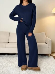 SHEIN PETITE 女款純色圓領長袖毛衣與長褲休閒常規套裝，秋冬款 - 藏蓝色 - 查看 4