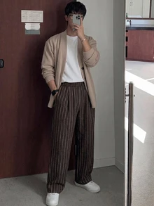 DAZY 春秋款純色棕色條紋彈性腰長款直筒寬鬆男士長褲 - 棕色 - 查看 3