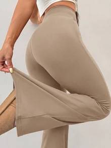 SHEIN PETITE 女款瑜伽褲 高腰彈性收腹健身緊身褲 - 駝色 - 查看 2