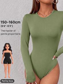 SHEIN PETITE Solid Slim Fit Spring Women Bodysuit - Army Green - View 1