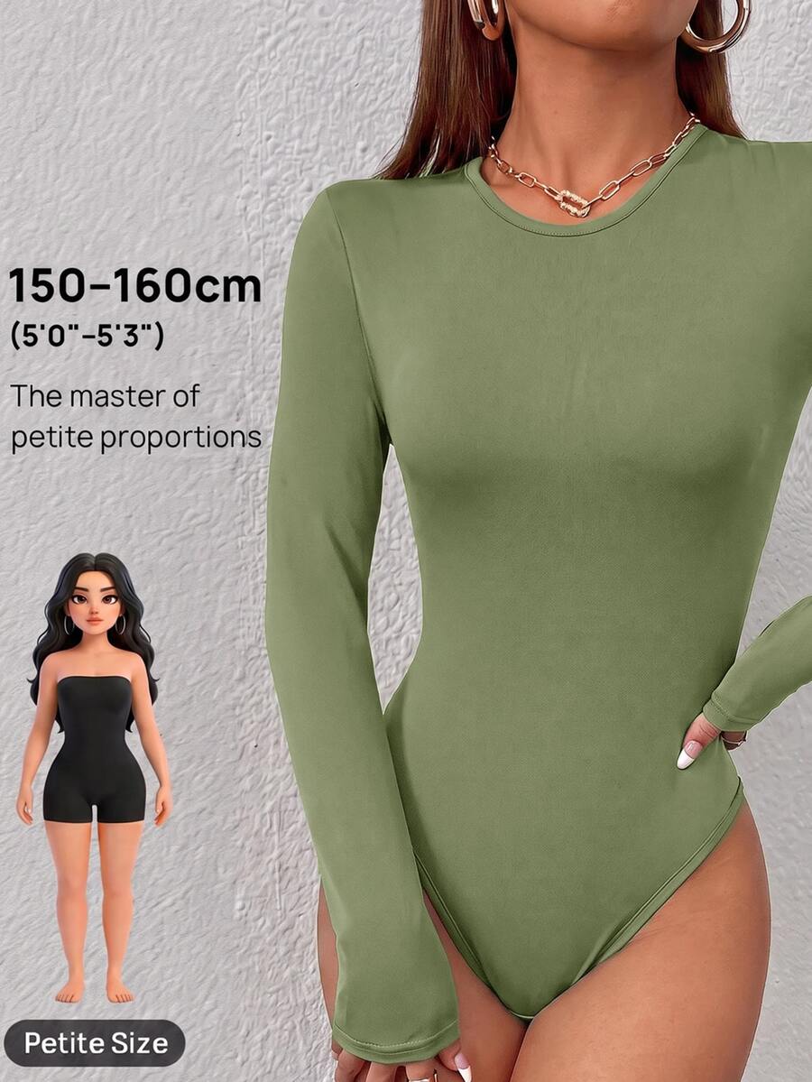 SHEIN PETITE Solid Slim Fit Spring Women Bodysuit - Army Green - View 1