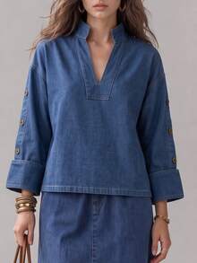SHEIN Casual Denim Daily Wear Washed Comfortable Flattering Versatile Classic Denim Top For Women - Medium Wash - View 4