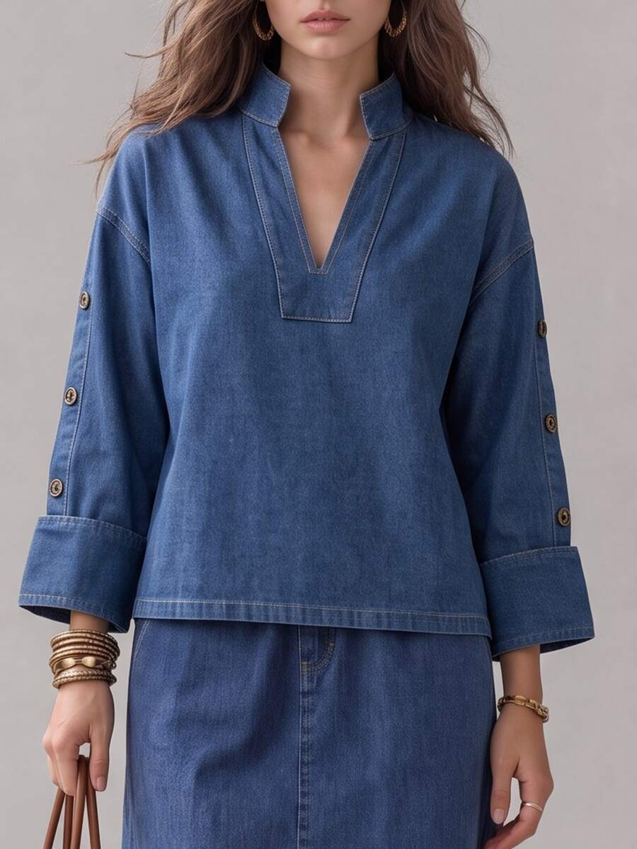 SHEIN Casual Denim Daily Wear Washed Comfortable Flattering Versatile Classic Denim Top For Women - Medium Wash - View 1