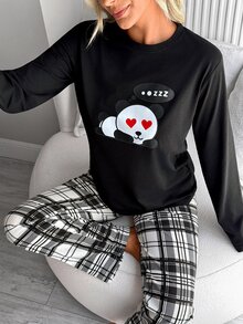 SHEIN طقم بيجامة نسائي لطيف بطبعة باندا وأكمام طويلة مع بنطال مربعات ناعم للمنزل - الأسود - مشاهدة 4