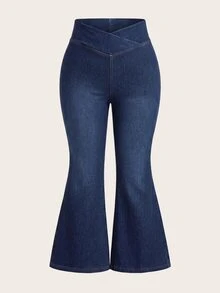 SHEIN CURVE+ Plus Size Fashion Streetwear Criss-Cross Waist Flared Jeans - Blue - View 3